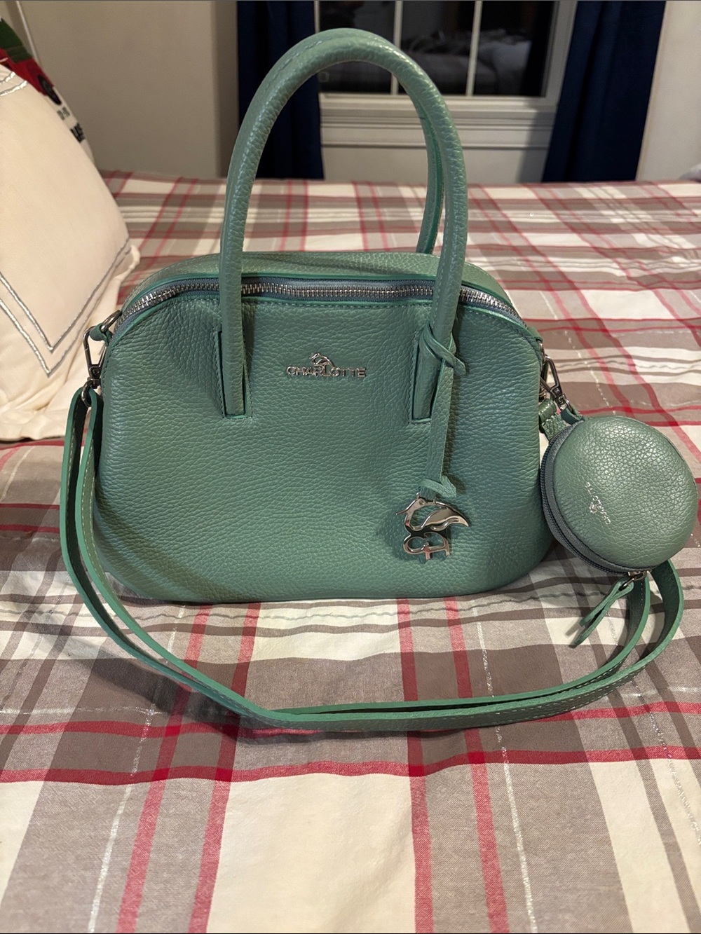 Pebbled Leather Satchel in Mint Green with Coin Pouch Made In Italy 🇮🇹